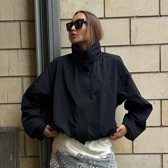 Damen lässige oversized Jacke mit hohem Kragen und verstellbarem Verschluss Heidi-Mode