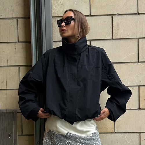 Damen lässige oversized Jacke mit hohem Kragen und verstellbarem Verschluss Heidi-Mode