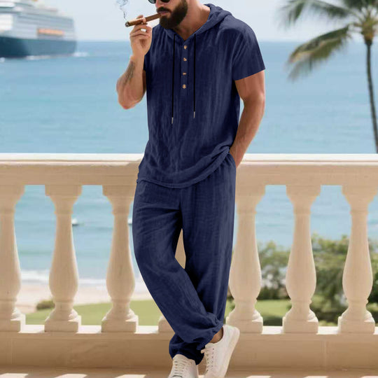 Herren komfortables Freizeit-Set mit modischem Henley-Oberteil und lockeren Hosen Heidi-Mode