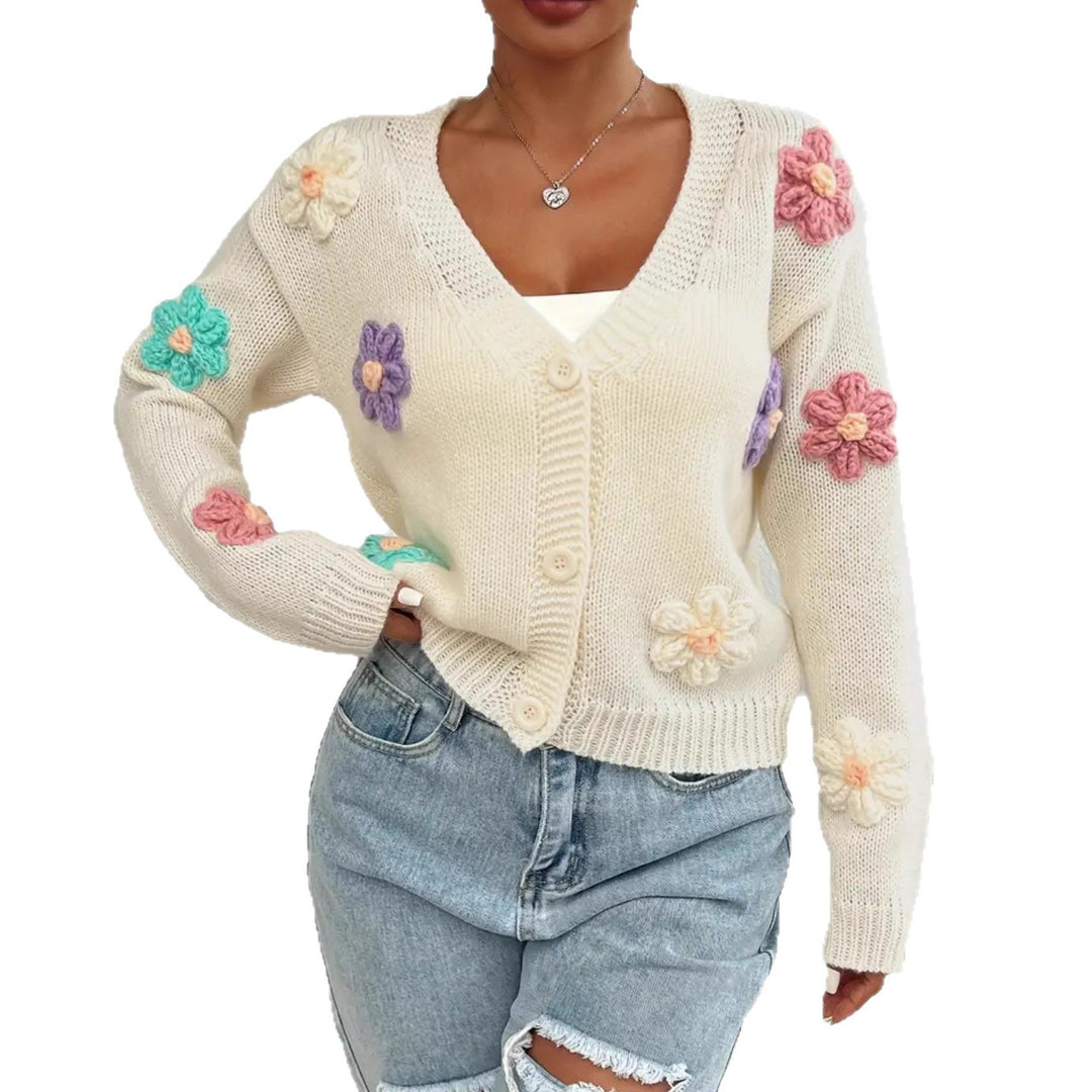 Damen Verspielter Strick-Cardigan mit handgehäkelten Blumenapplikationen Heidi-Mode