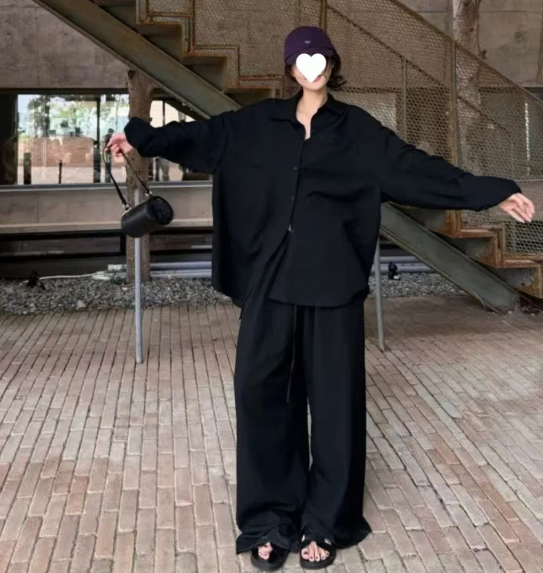 Damen Oversized Hemdblusenset mit weiten Hosen Heidi-Mode