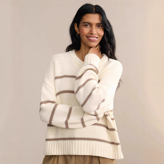 Damen gestrickter Pullover mit breitem Streifenmuster und lässigem Schnitt Heidi-Mode