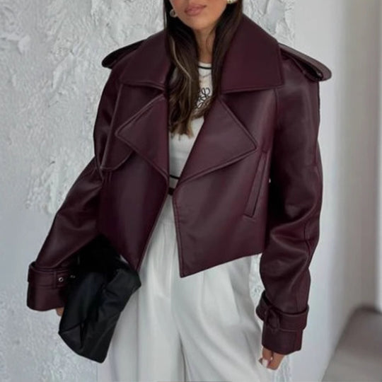 Damen modische Kunstlederjacke mit oversized Schnitt und breitem Kragen Heidi-Mode