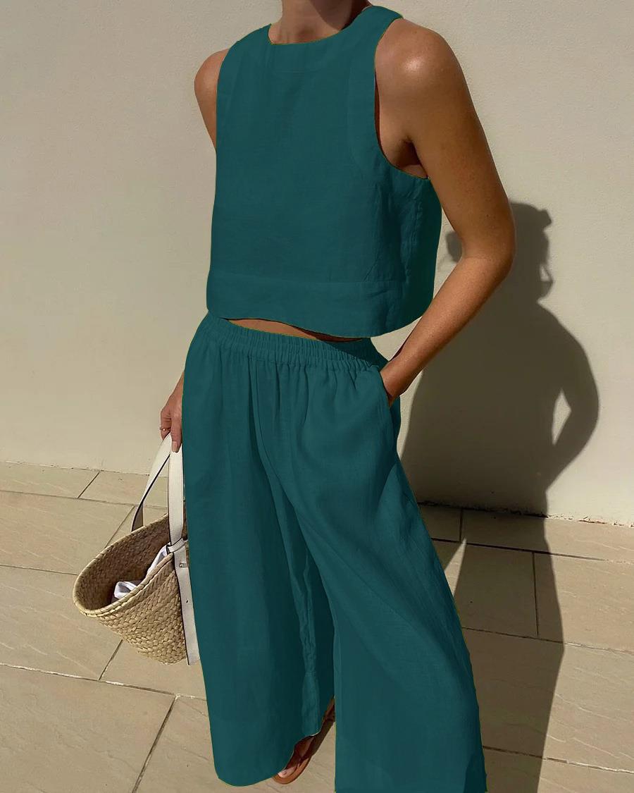 Damen luftiges und modernes Leinen-Set mit Cropped Top und weitem Hose Heidi-Mode
