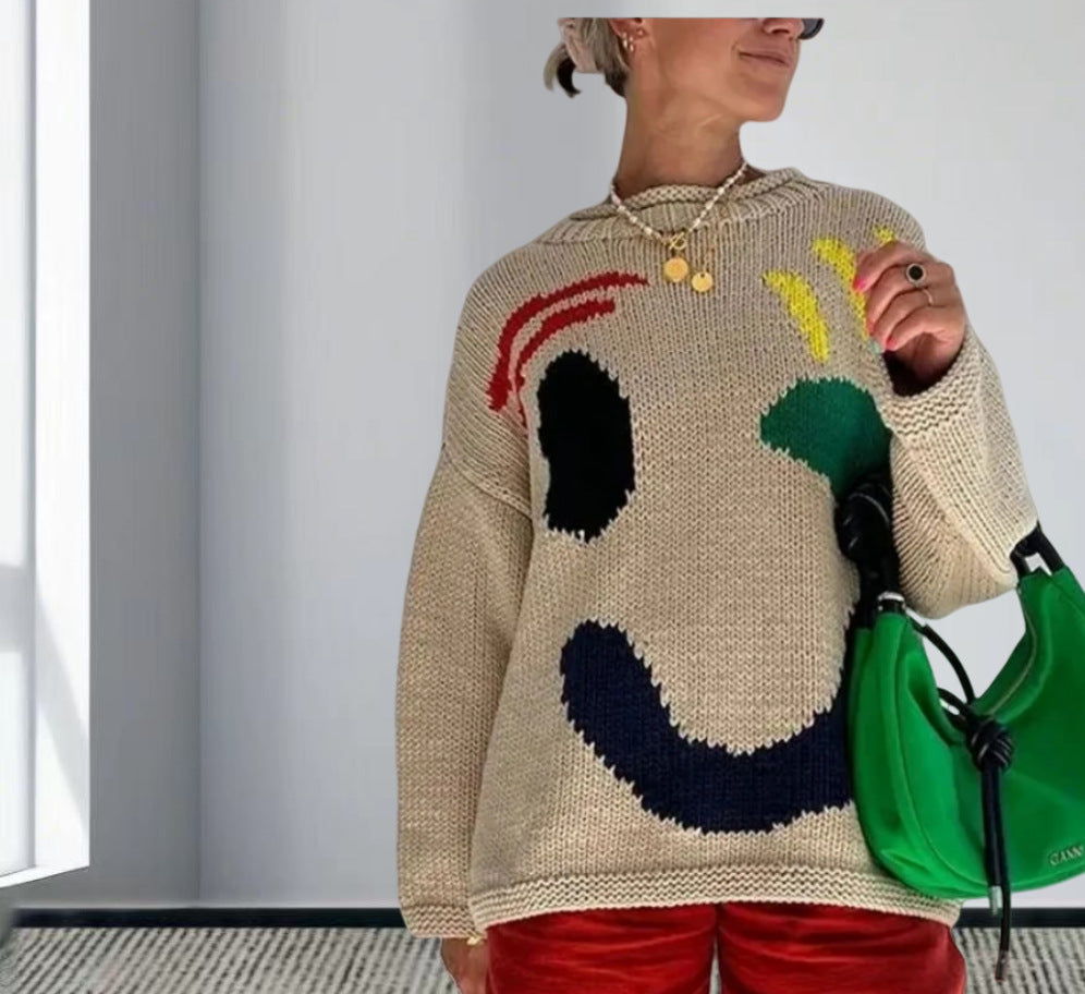 Damen gestrickter Pullover mit fröhlichem Smiley-Motiv und lässigem Schnitt Heidi-Mode