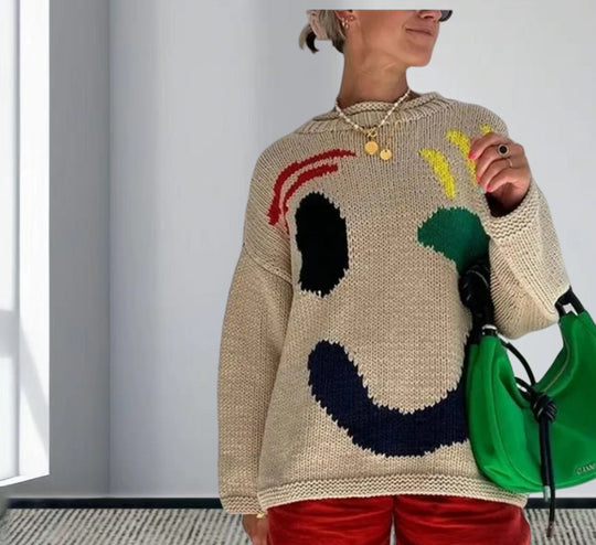 Damen gestrickter Pullover mit fröhlichem Smiley-Motiv und lässigem Schnitt Heidi-Mode