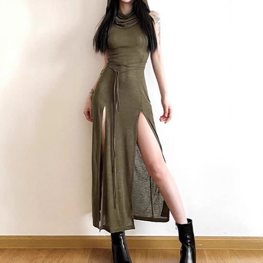 Damen Elegantes Maxikleid mit hohem Schlitz und Kapuze Heidi-Mode