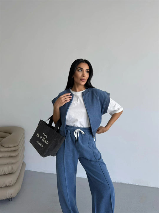 Damen sportliches Twin-Set mit kurzem Reißverschluss und weiten Hosen Heidi-Mode