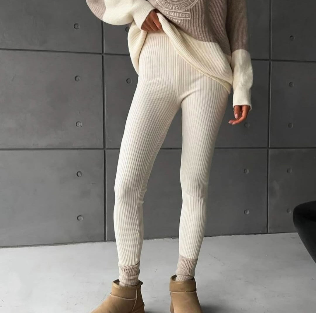 Damen Rippstrick-Leggings mit hohem Bund und feiner Struktur Heidi-Mode