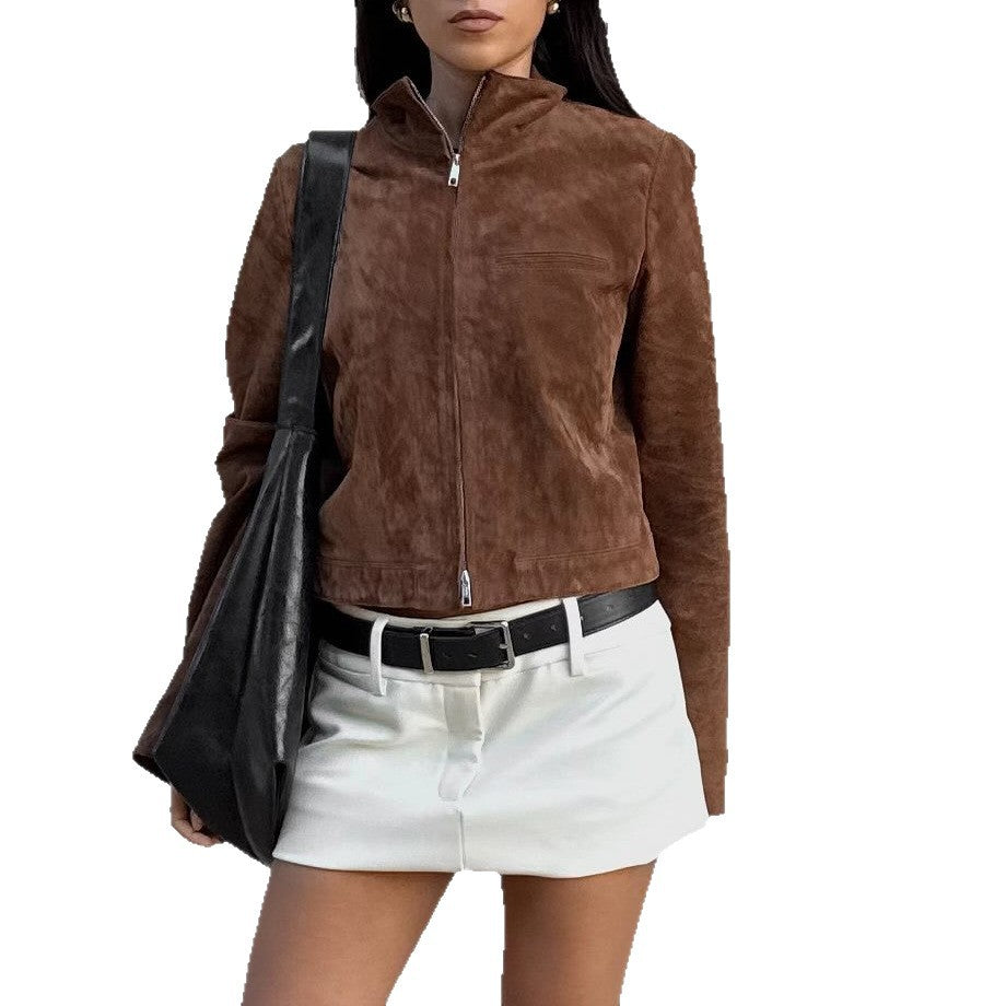 Damen Kurzjacke im modernen Wildleder-Look mit hohem Kragen Heidi-Mode