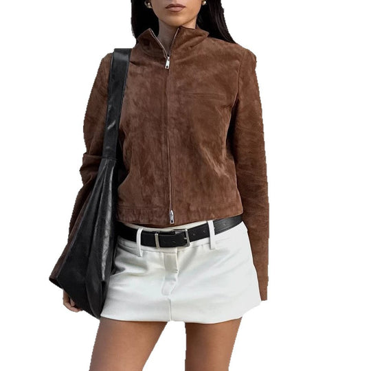 Damen Kurzjacke im modernen Wildleder-Look mit hohem Kragen Heidi-Mode
