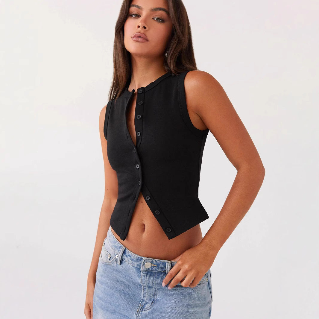 Damen ärmelloses Knopfschalenshirt aus Rippenstoff mit modernem Schnitt Heidi-Mode