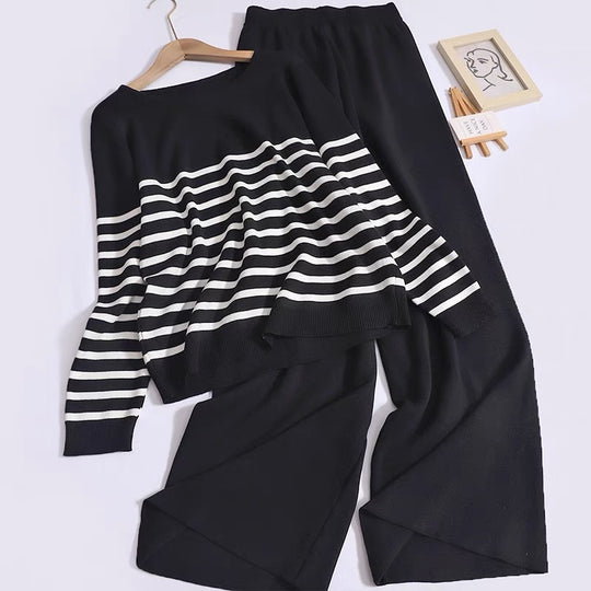 Damen gemütliches Strick-Loungewear-Set mit Streifenmuster Heidi-Mode