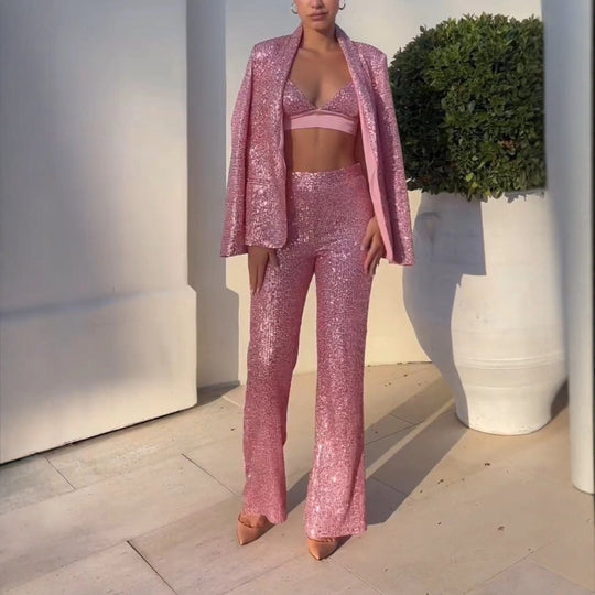 Damen Glitzerndes Anzugset mit weitem Schlag und elegantem Blazer Heidi-Mode