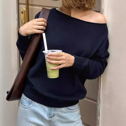 Damen Oversized Strickpullover mit schulterfreiem Design Heidi-Mode
