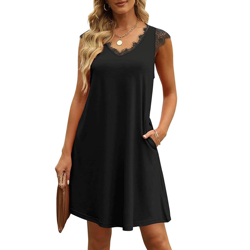 Damen ärmelloses Kleid mit Spitzendetail und seitlichen Taschen Heidi-Mode