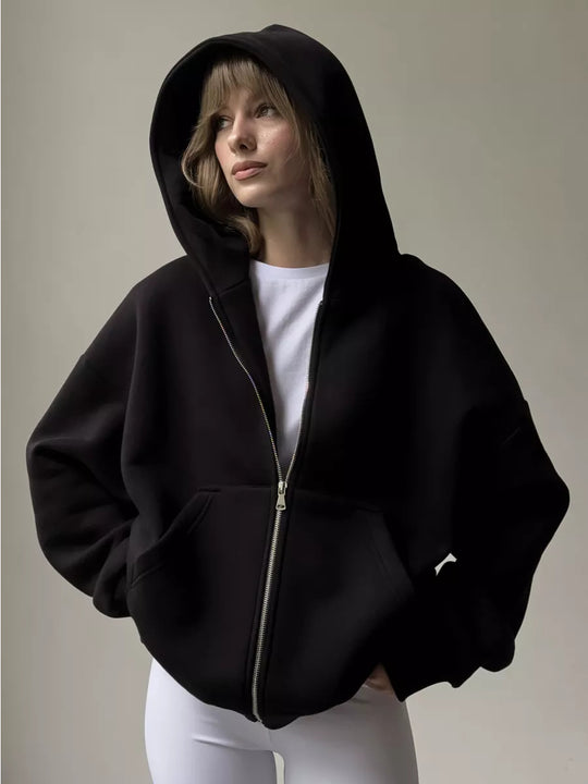 Damen lässiger Kapuzensweat mit übergroßem Schnitt und praktischem Reißverschluss Heidi-Mode