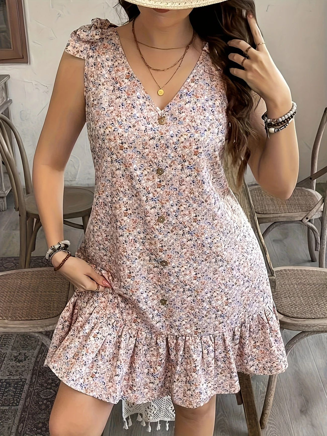 Damen kurzes Sommerkleid mit Rüschendetails und Knopfleiste Heidi-Mode