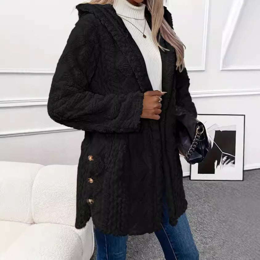 Damen Kuschelige Jacke mit Kapuze und Knopfdetails Heidi-Mode