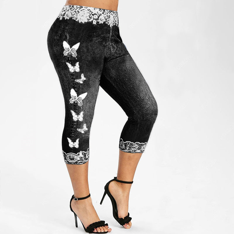 Damen Leggings im Jeans-Look mit einzigartigem Schmetterlingsdesign Heidi-Mode