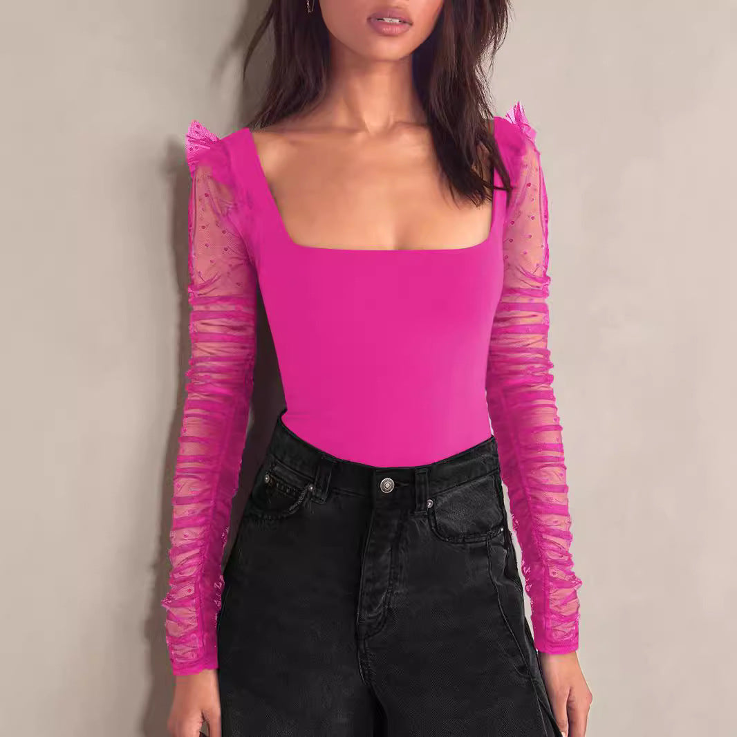 Damen Body mit elegantem quadratischen Ausschnitt und luftigen Puffärmeln Heidi-Mode