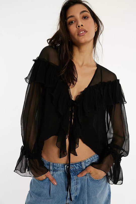 Femme Elegante Volant Bluse mit Krawatten-Detail Heidi-Mode
