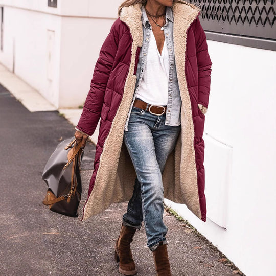 Damen lange Steppjacke mit kuscheligem Teddyfutter und großem Revers Heidi-Mode
