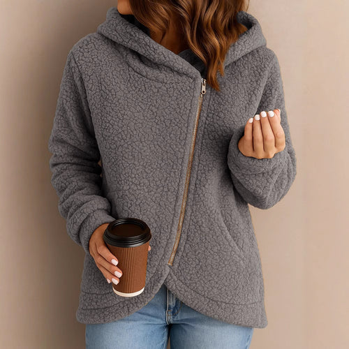 Damen Flauschige Kapuzenjacke mit asymmetrischem Reißverschluss Heidi-Mode