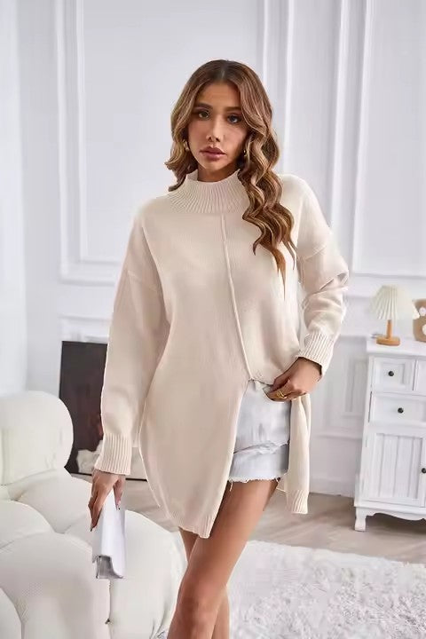 Damen Grobstrickpullover mit hohem Kragen und asymmetrischem Schnitt Heidi-Mode