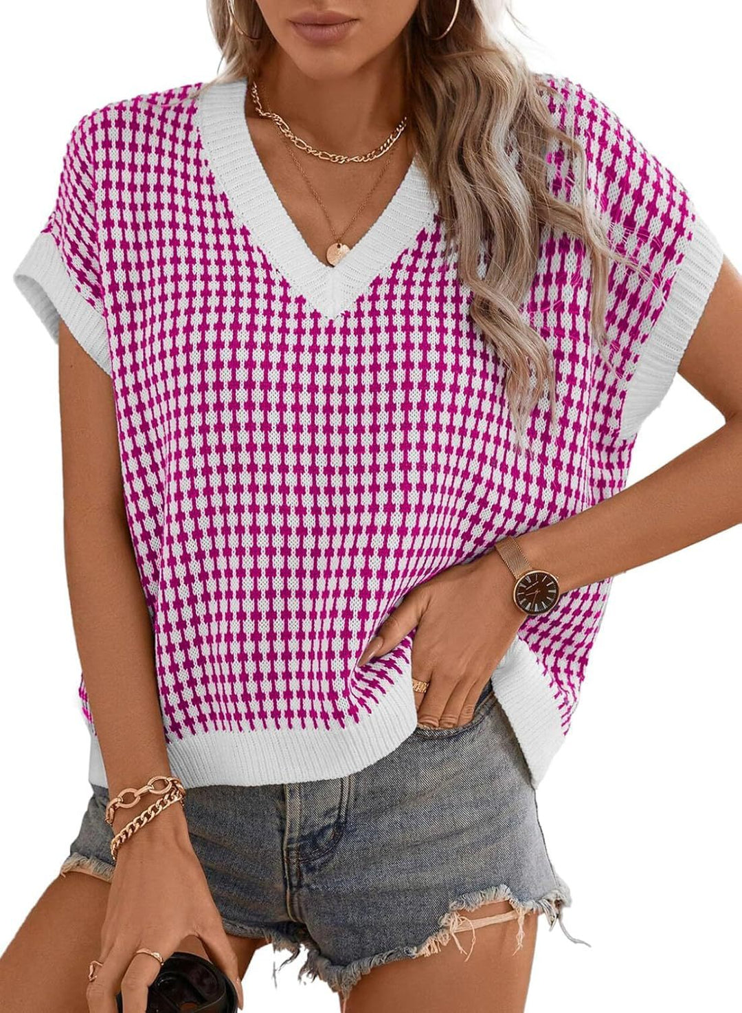 Damen lässiger V-Ausschnitt Pullover mit geometrischem Muster Heidi-Mode