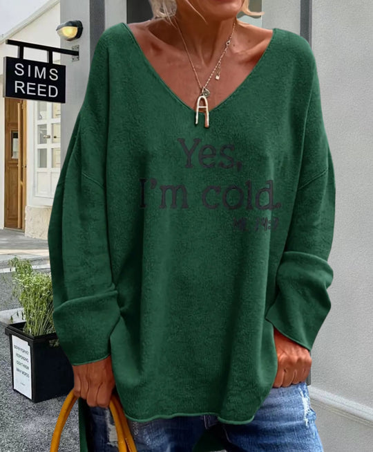 Damen Oversized Pullover mit modernem V-Ausschnitt und aufgedrucktem Statement Heidi-Mode