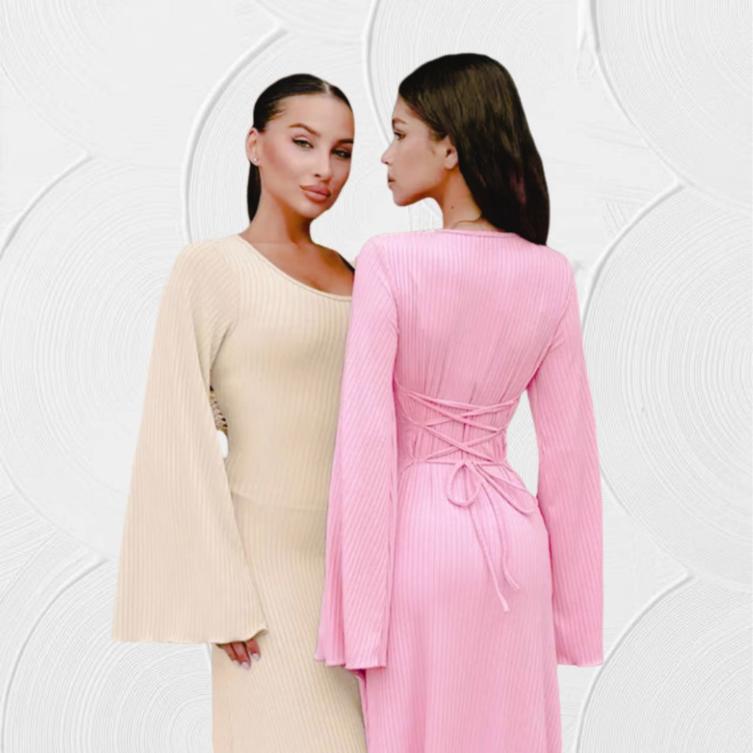 Damen Maxikleid mit elegantem V-Ausschnitt und weit schwingenden Ärmeln Heidi-Mode