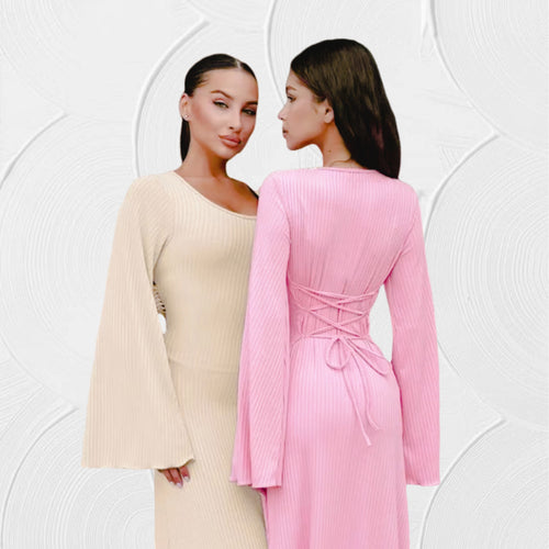Damen Maxikleid mit elegantem V-Ausschnitt und weit schwingenden Ärmeln Heidi-Mode