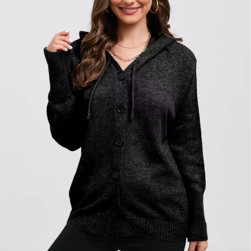 Damen lässige Strickjacke mit Kapuze und Knopfverschluss Heidi-Mode