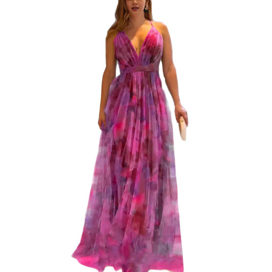 Damen Maxi-Kleid mit tiefem V-Ausschnitt und schwingendem Rock Heidi-Mode