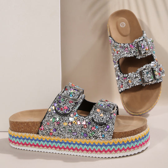 Damen Glitzernde Plateau-Sandalen mit Doppelschnalle und mehrfarbigem Boden Heidi-Mode