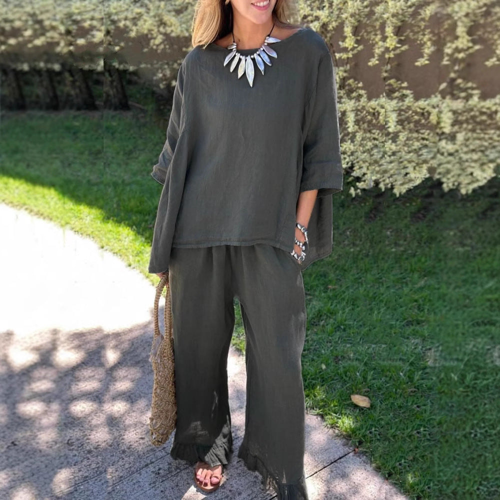 Damen lässiges Leinen-Outfit mit weitem Schnitt und angeschnittenen Ärmeln Heidi-Mode