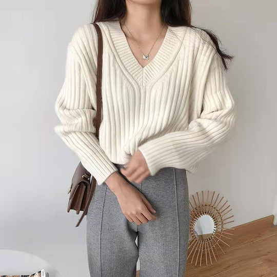 Damen Viskose-Strickpullover mit V-Ausschnitt und geripptem Design Heidi-Mode