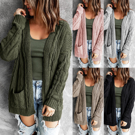 Damen Strickjacke mit modernem Zopfmuster und praktischen Taschen Heidi-Mode