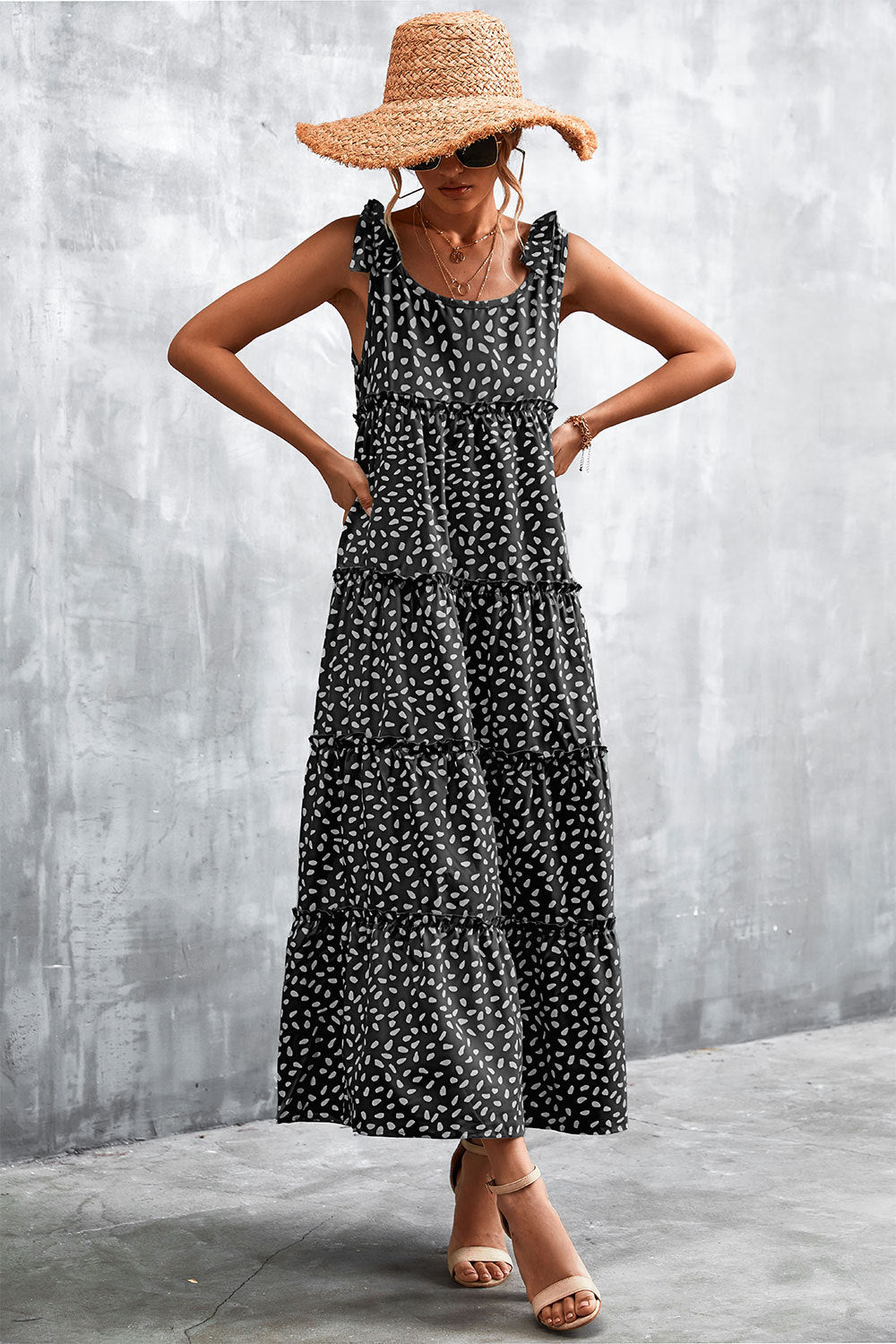 Damen Maxikleid mit verspieltem Volant und zartem Muster Heidi-Mode