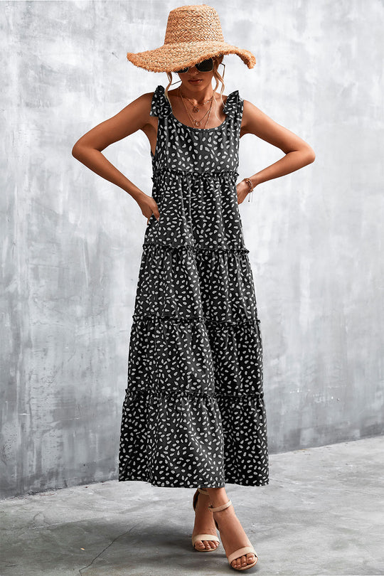 Damen Maxikleid mit verspieltem Volant und zartem Muster Heidi-Mode