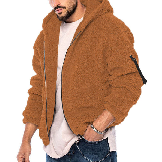 Herren kuschelige Teddyjacke mit seitlichen Reißverschlusstaschen und Kapuze Heidi-Mode