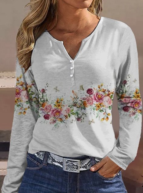Damen Langarmshirt mit floralem Motiv und Knopfdetails Heidi-Mode