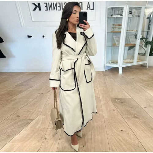 Damen elegante Übergangsjacke mit dekorativem Gürtel und hochwertigen Taschen Heidi-Mode