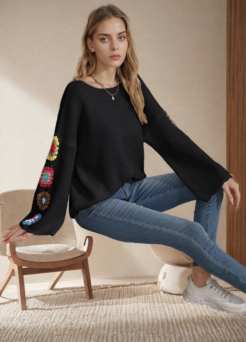 Damen gestreifter Strickpullover mit bunten Blumenapplikationen Heidi-Mode