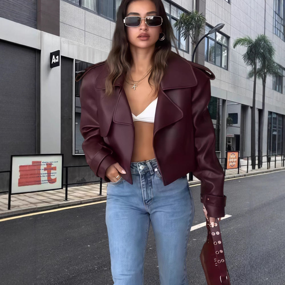 Damen oversized Kunstlederjacke mit statement-Manschetten Heidi-Mode