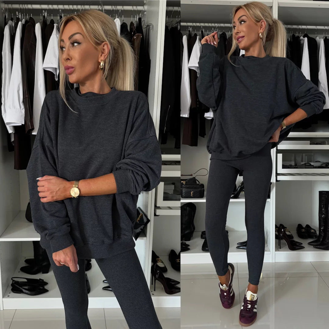 Damen lässiges Baumwoll-Lounge-Set mit Rundhalsausschnitt und engen Leggings Heidi-Mode