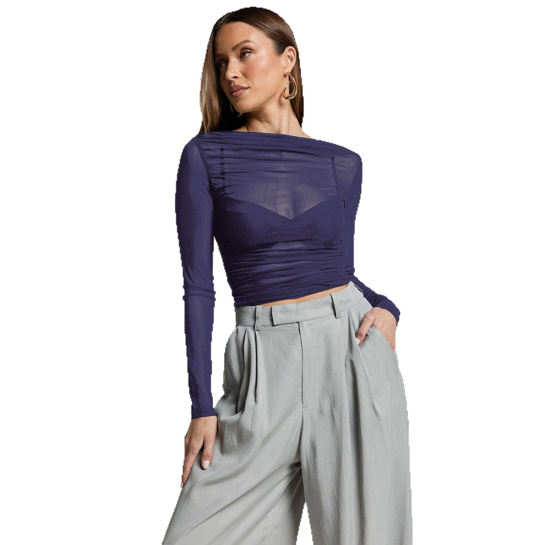 Damen Elegantes Langarmoberteil mit transparentem Mesh und Raffung Heidi-Mode