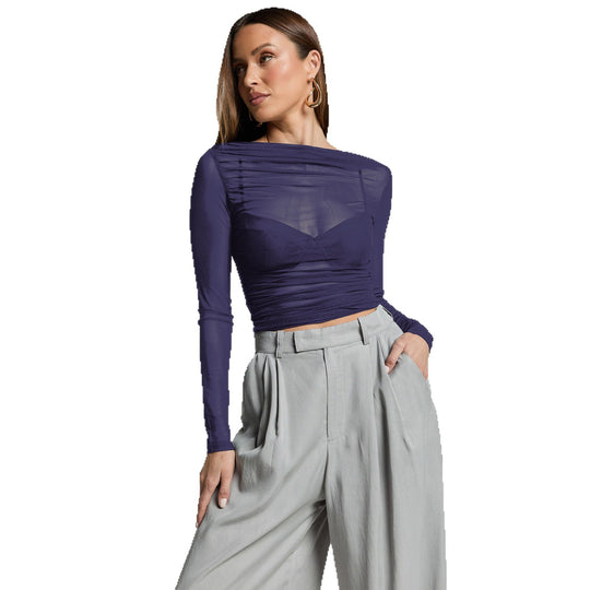 Damen Elegantes Langarmoberteil mit transparentem Mesh und Raffung Heidi-Mode