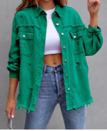 Damen Stylische Overshirt-Jacke mit fransigem Saum Heidi-Mode